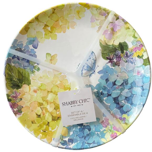 SHABBY CHIC Spring Floral Melamine 11" Dinner Plate Set of 4 Hydrangea NEW